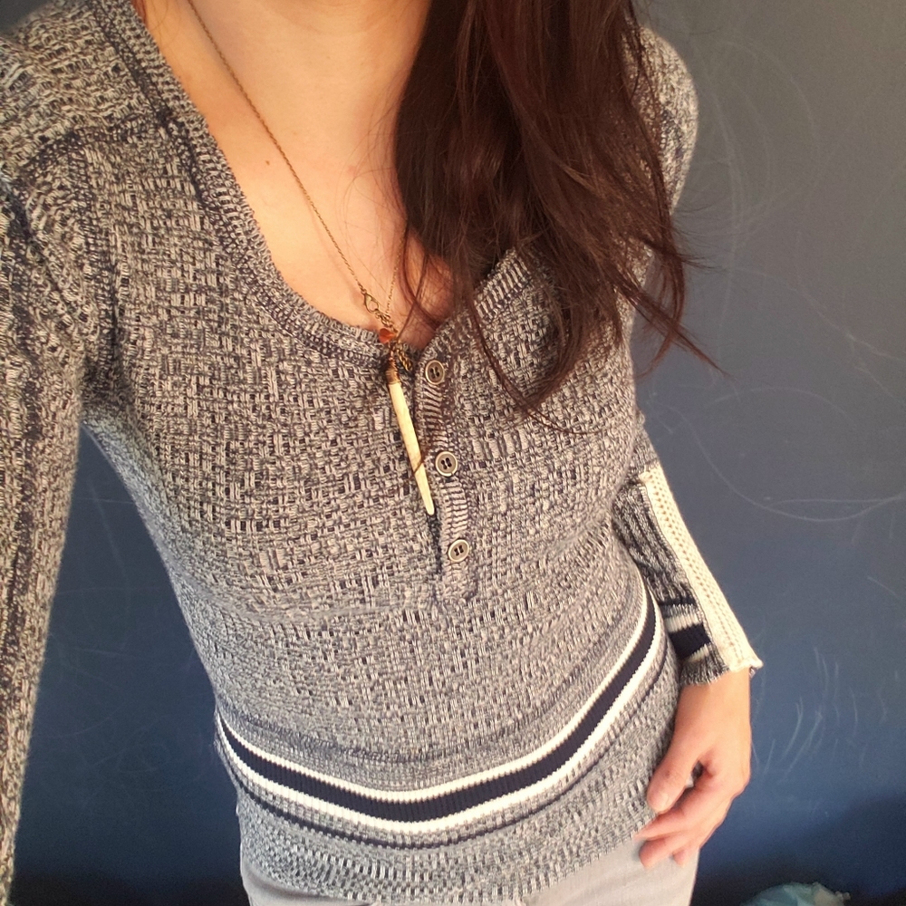 Free People Crochet Henley Grey Knit Top Thermal Layer XS
